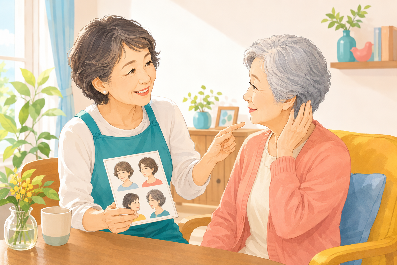 美容師が髪型を相談しながら利用者と会話している様子